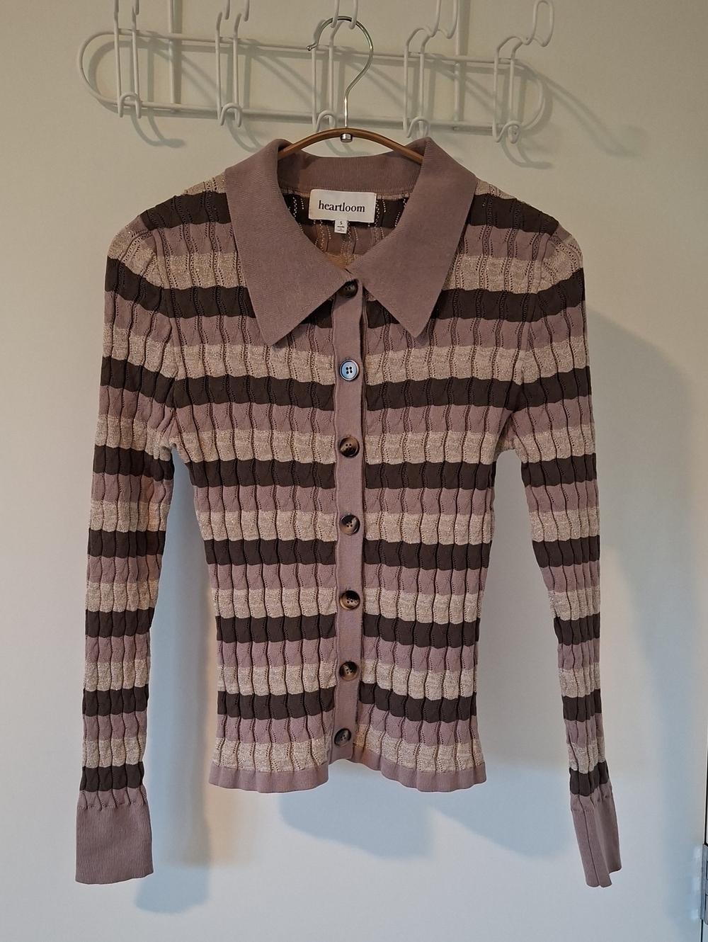 Heartloom Luxe Purple & Gray Striped Polo-neck Cardigan w/ Metallic Accents (S)